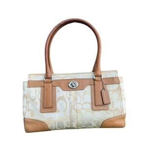 COACH Signature Canvas & Leather Satchel Beige/Khaki – Medium Turnlock Tote